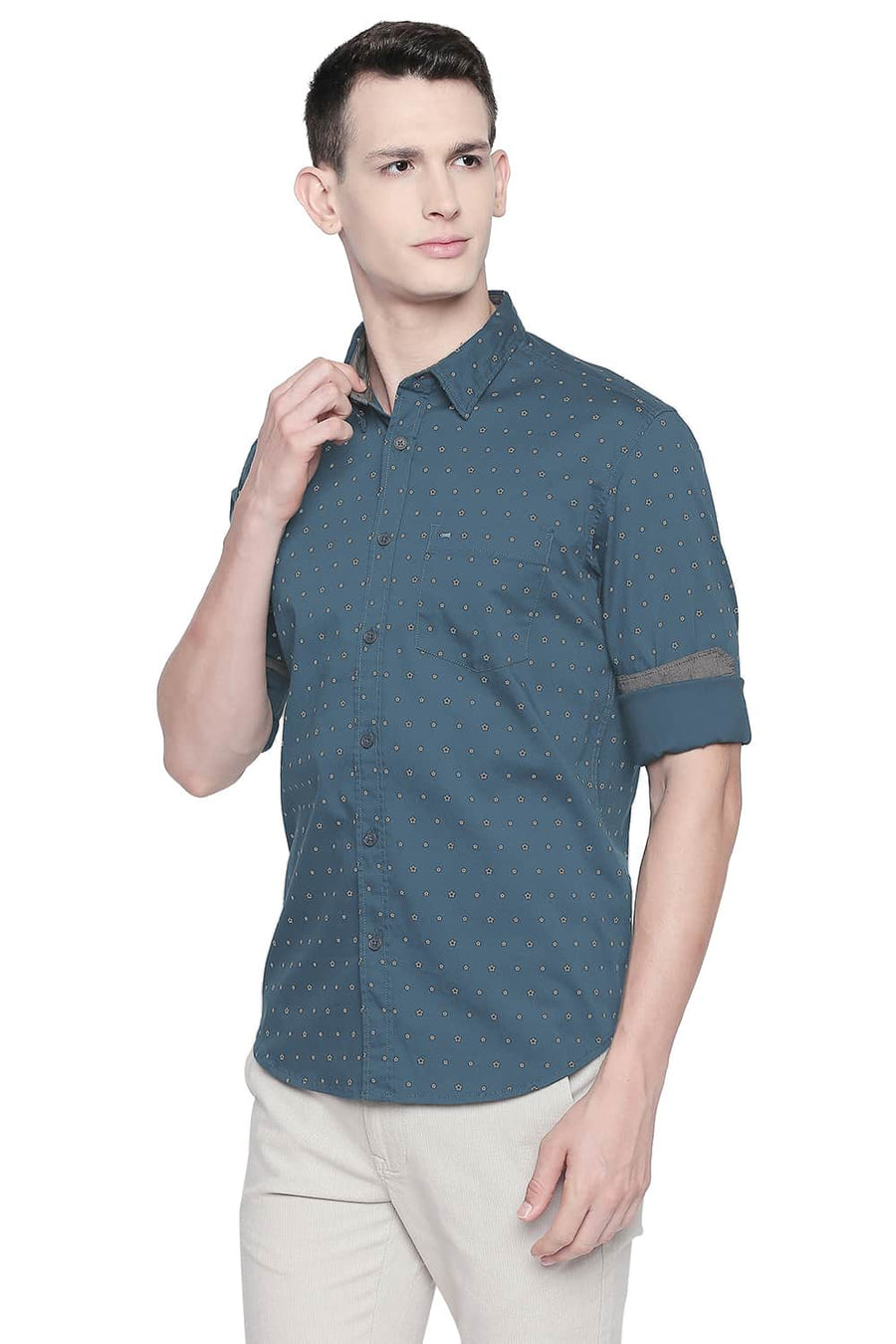 BASICS SLIM FIT CORSAIR BLUE TWILL PRINTED SHIRT