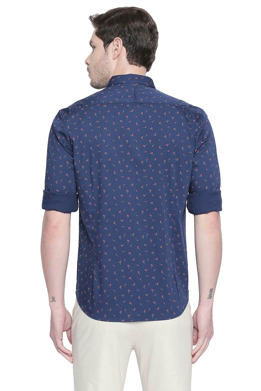 BASICS SLIM FIT ENSIGN BLUE PRINTED STRETCH SHIRT