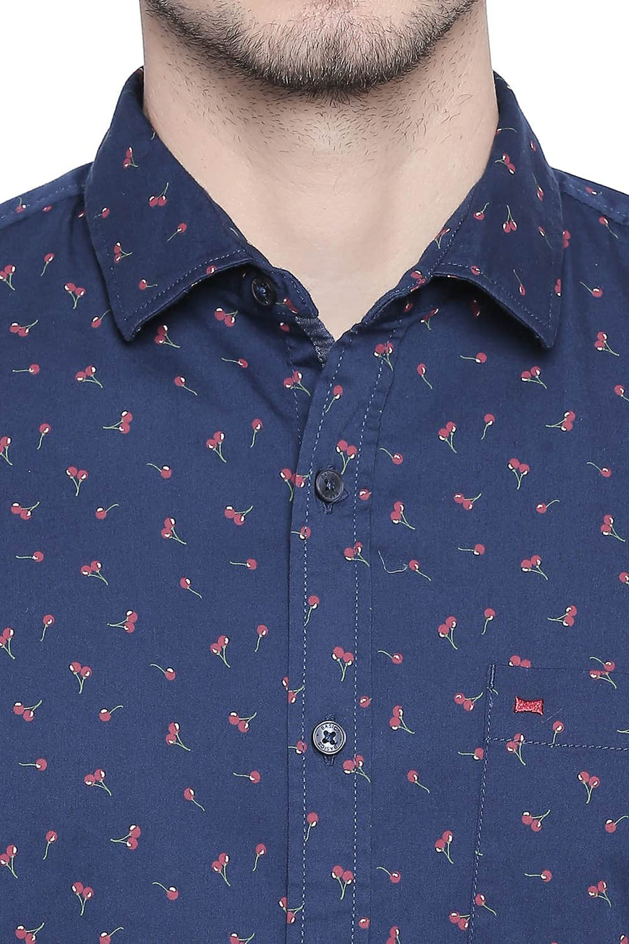 BASICS SLIM FIT ENSIGN BLUE PRINTED STRETCH SHIRT