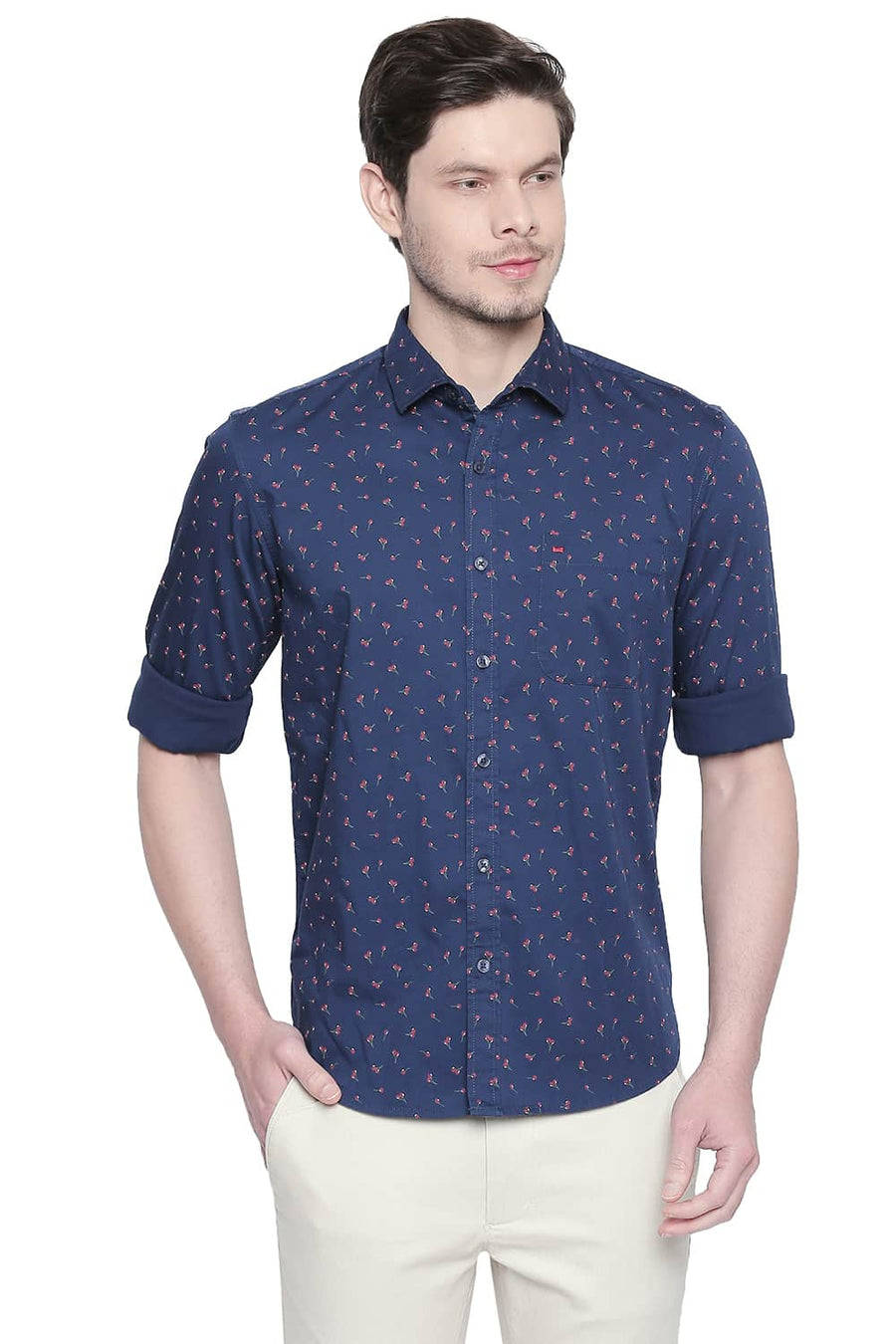 BASICS SLIM FIT ENSIGN BLUE PRINTED STRETCH SHIRT