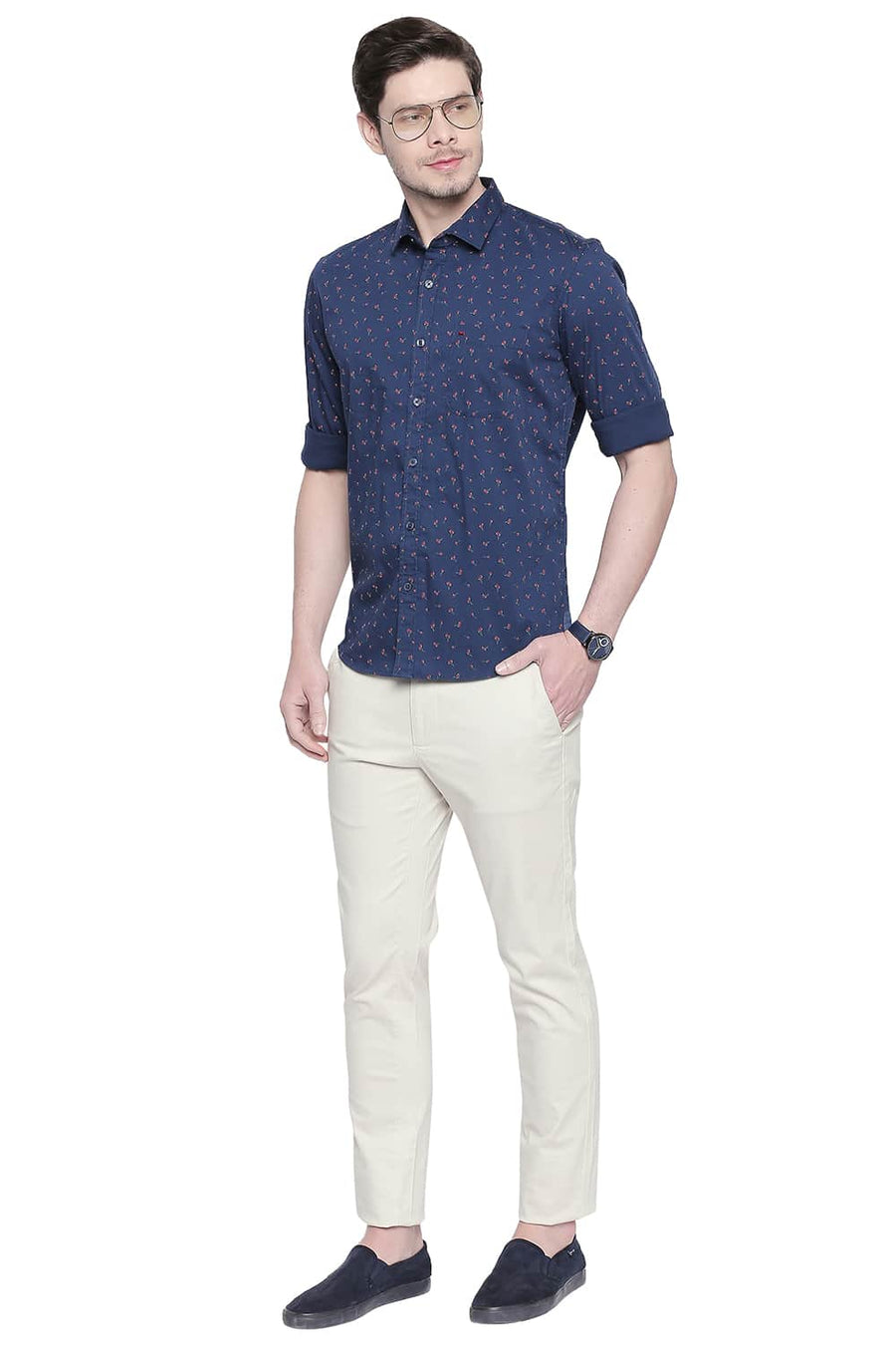 BASICS SLIM FIT ENSIGN BLUE PRINTED STRETCH SHIRT