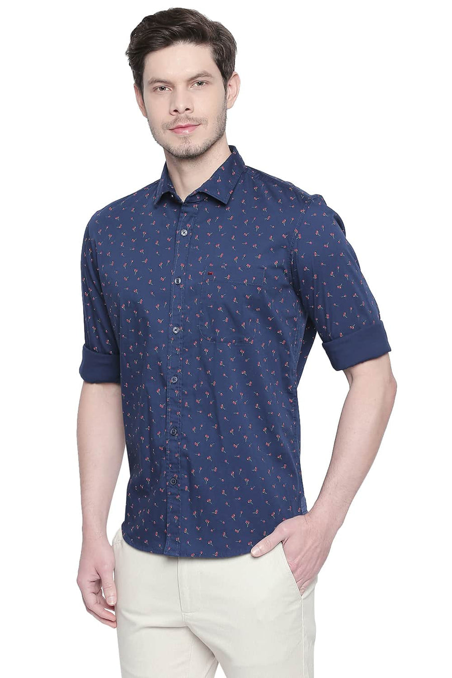 BASICS SLIM FIT ENSIGN BLUE PRINTED STRETCH SHIRT