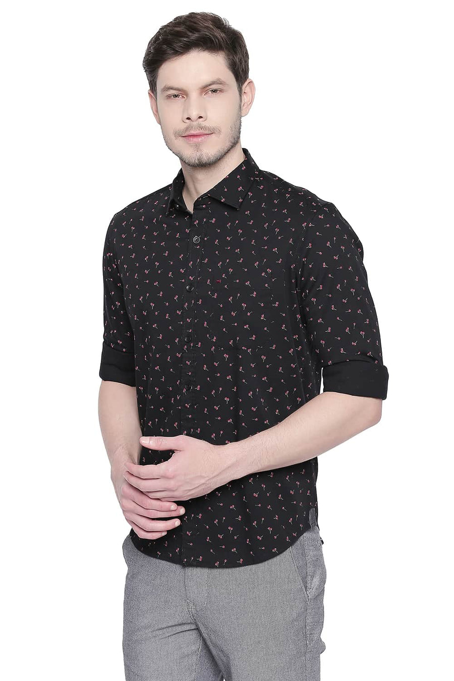 BASICS SLIM FIT STRETCH LIMO PRINTED STRETCH SHIRT