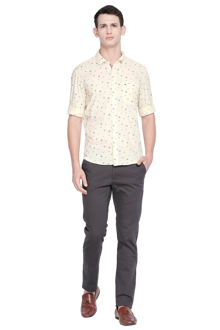 BASICS SLIM FIT PALE YELLOW PRINTED SHIRT