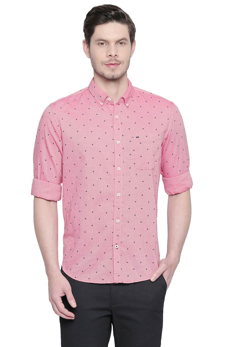 BASICS SLIM FIT AZALEA PINK ROYAL OXFORD PRINTED SHIRT