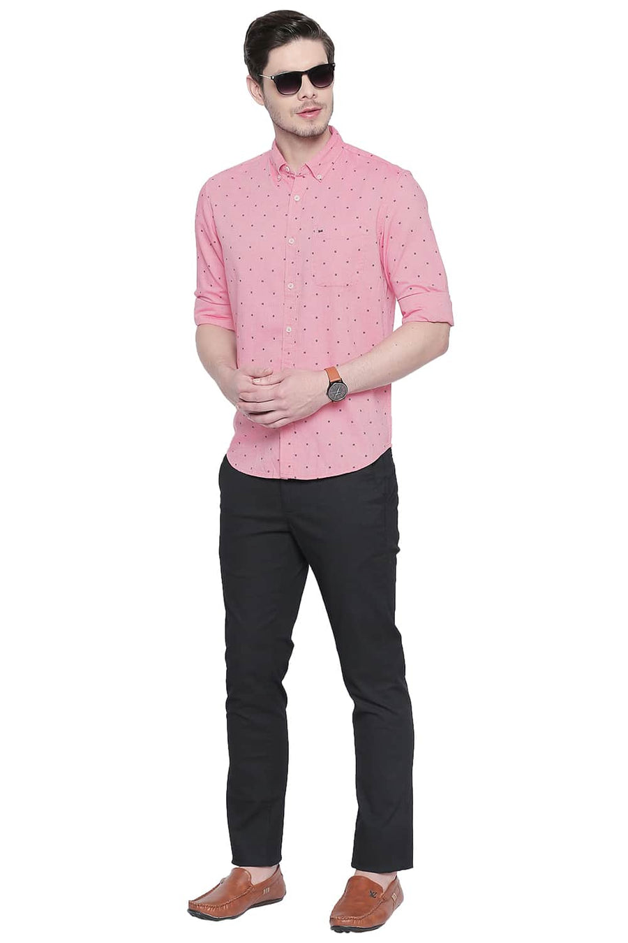 BASICS SLIM FIT AZALEA PINK ROYAL OXFORD PRINTED SHIRT