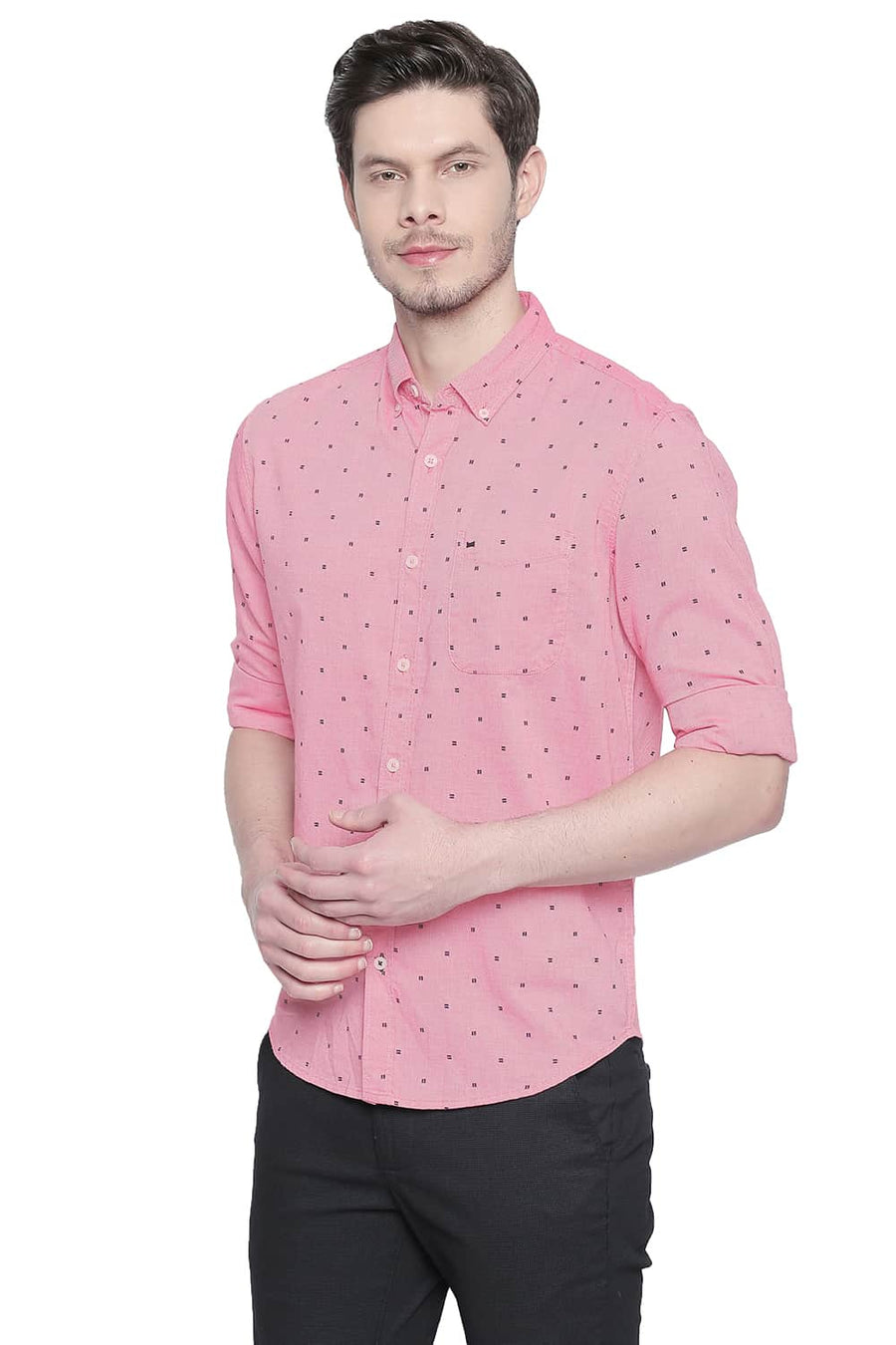 BASICS SLIM FIT AZALEA PINK ROYAL OXFORD PRINTED SHIRT