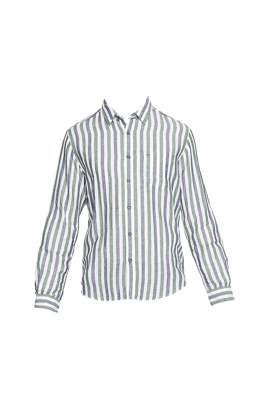 BASICS SLIM FIT ARTICHOKE GREEN COTTON LINEN STRIPES SHIRT