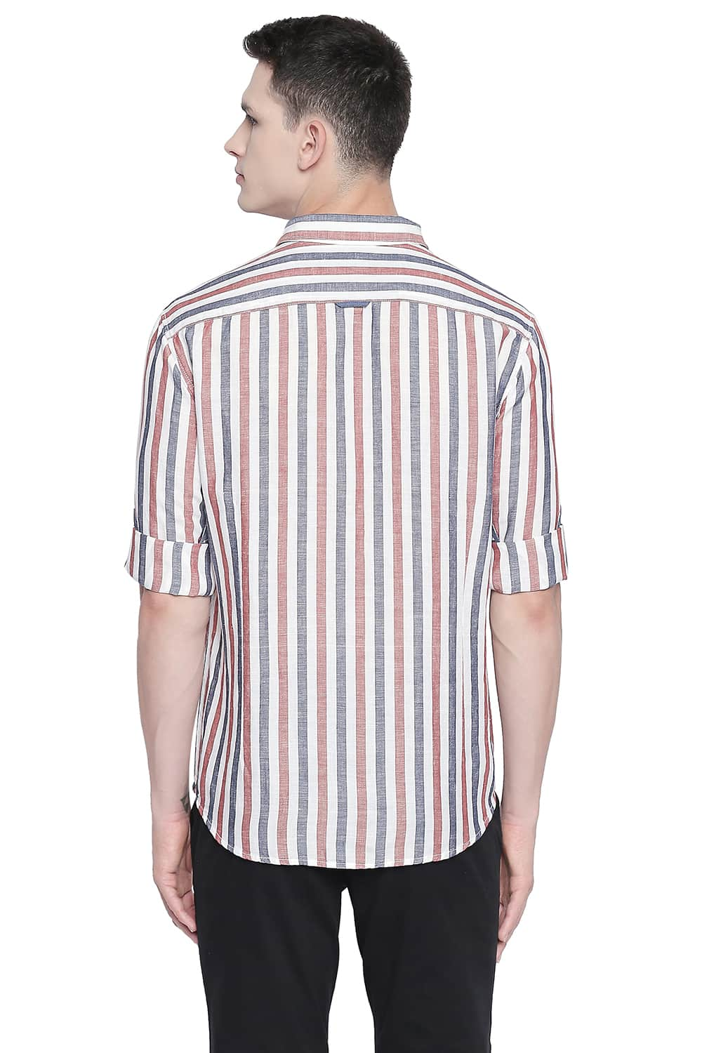 BASICS SLIM FIT COTTON LINEN STRIPES SHIRT