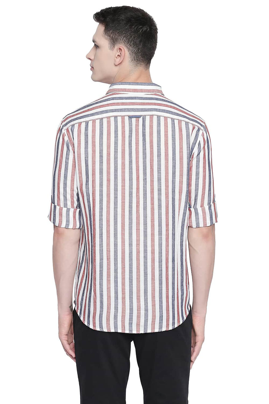 BASICS SLIM FIT AUBURN RED COTTON LINEN STRIPES SHIRT