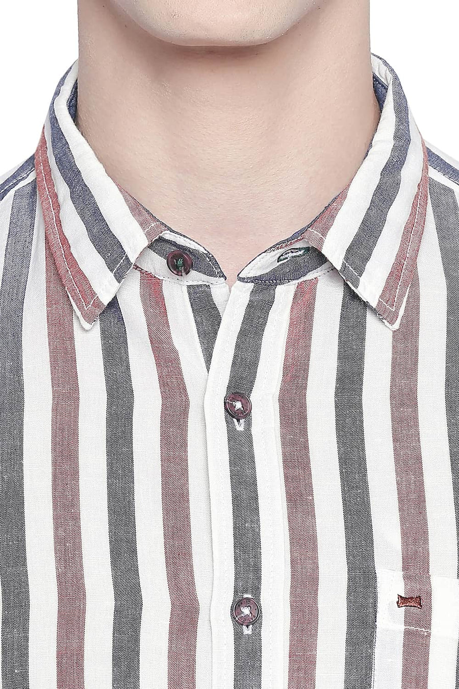BASICS SLIM FIT AUBURN RED COTTON LINEN STRIPES SHIRT