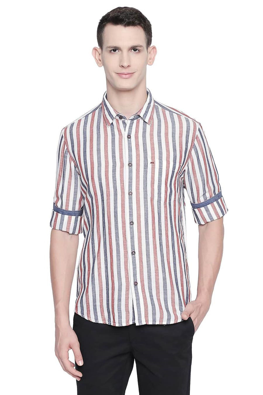 BASICS SLIM FIT AUBURN RED COTTON LINEN STRIPES SHIRT