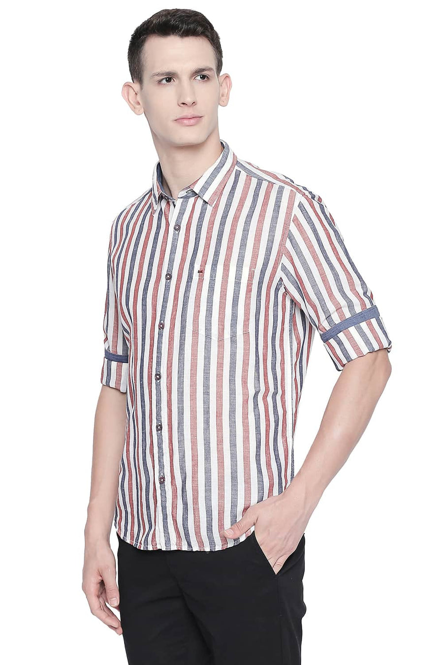 BASICS SLIM FIT AUBURN RED COTTON LINEN STRIPES SHIRT