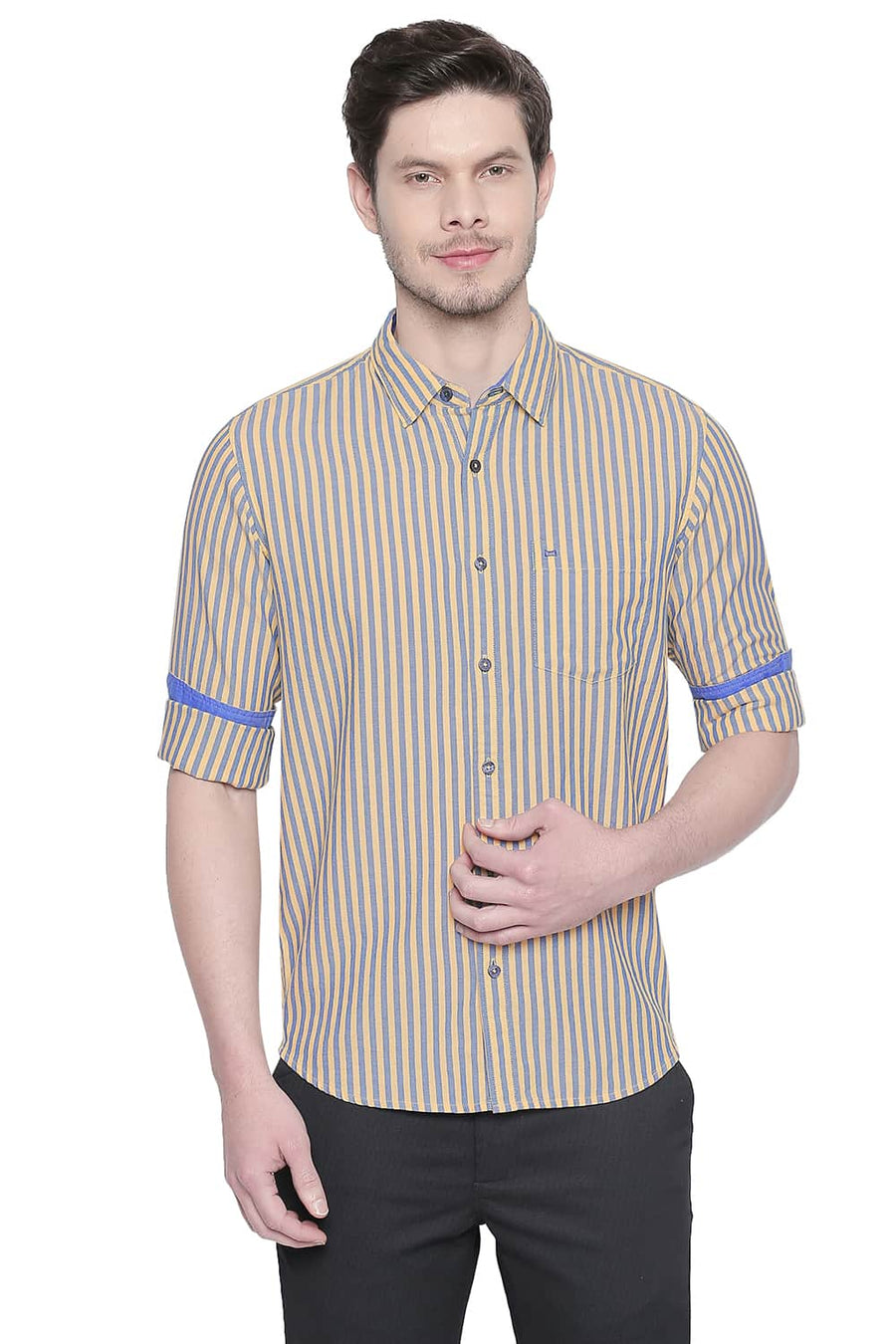 BASICS SLIM FIT YELLOW HAZE ROYAL OXFORD STRIPES SHIRT
