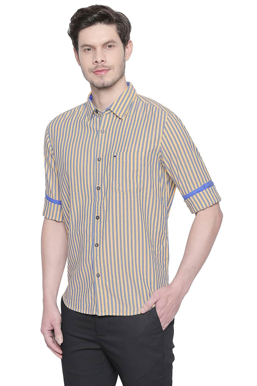 BASICS SLIM FIT YELLOW HAZE ROYAL OXFORD STRIPES SHIRT