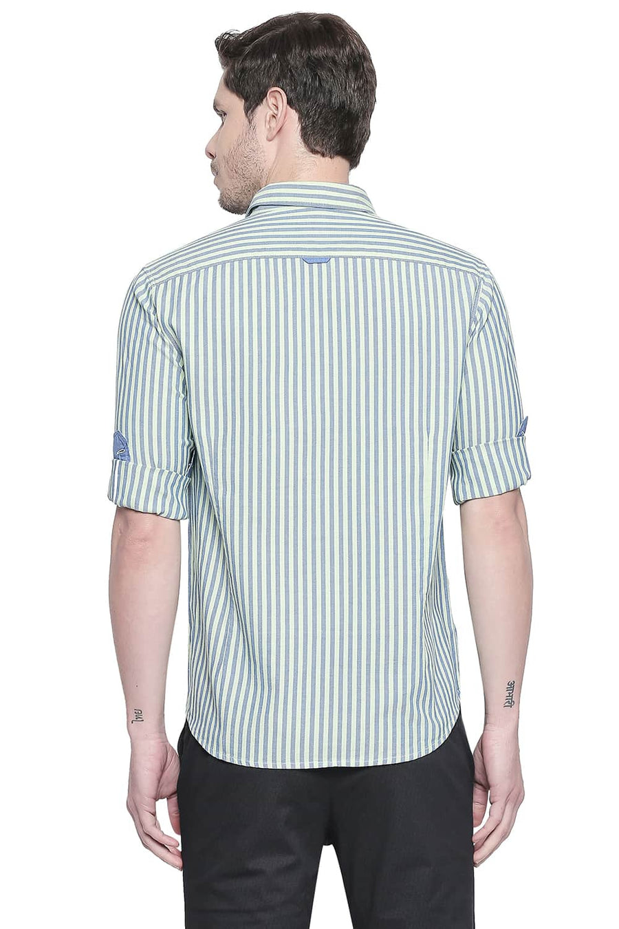 BASICS SLIM FIT GREEN ASH ROYAL OXFORD STRIPES SHIRT