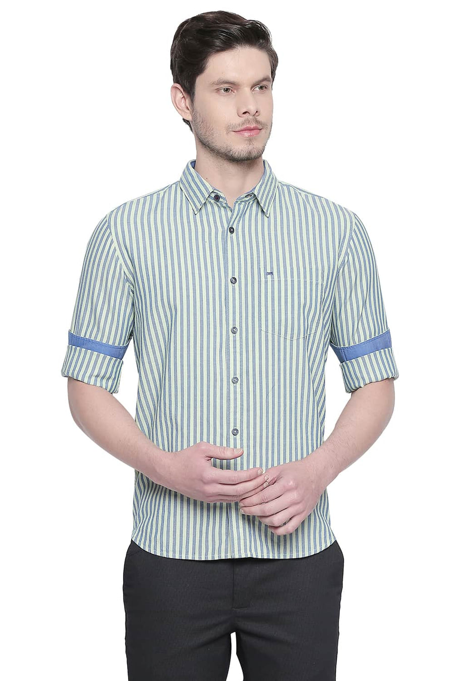 BASICS SLIM FIT GREEN ASH ROYAL OXFORD STRIPES SHIRT