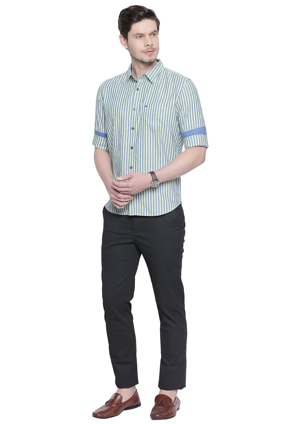 BASICS SLIM FIT GREEN ASH ROYAL OXFORD STRIPES SHIRT