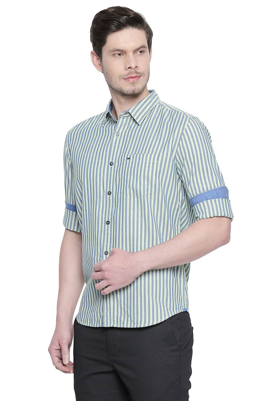 BASICS SLIM FIT GREEN ASH ROYAL OXFORD STRIPES SHIRT