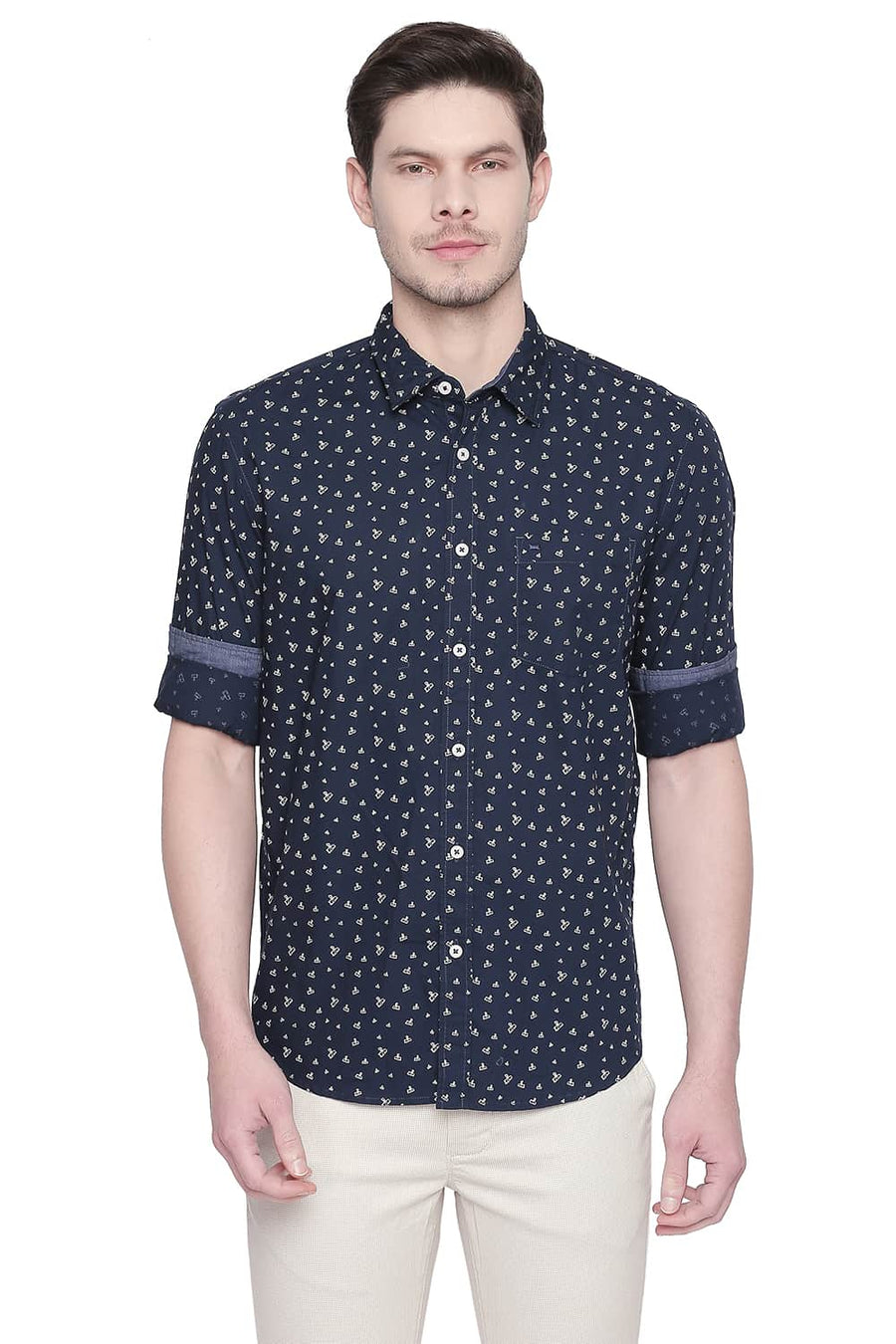 BASICS SLIM FIT MAJOLICA NAVY PRINTED SHIRT