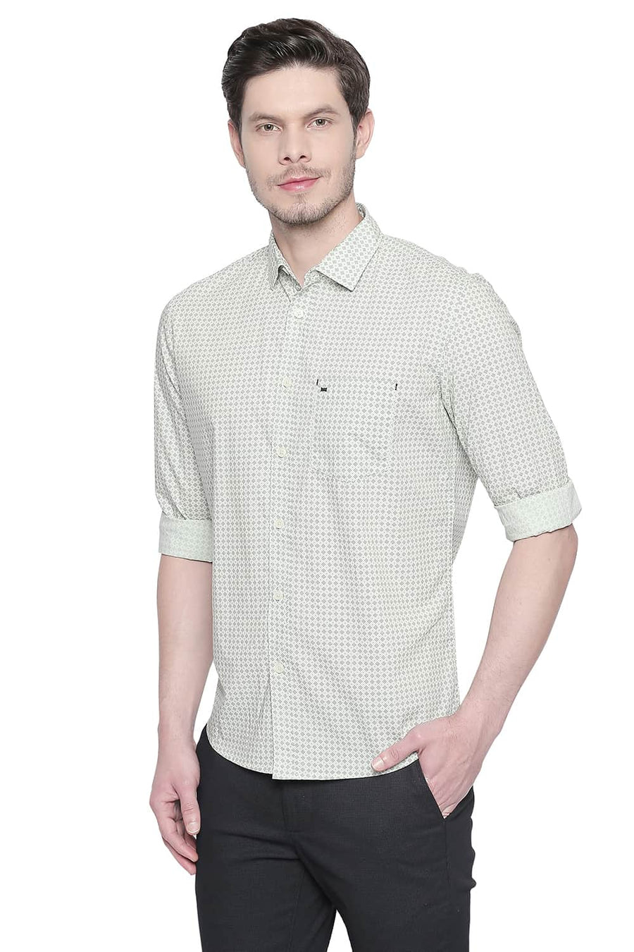 BASICS SLIM FIT PHANTOM GREEN PRINTED SHIRT