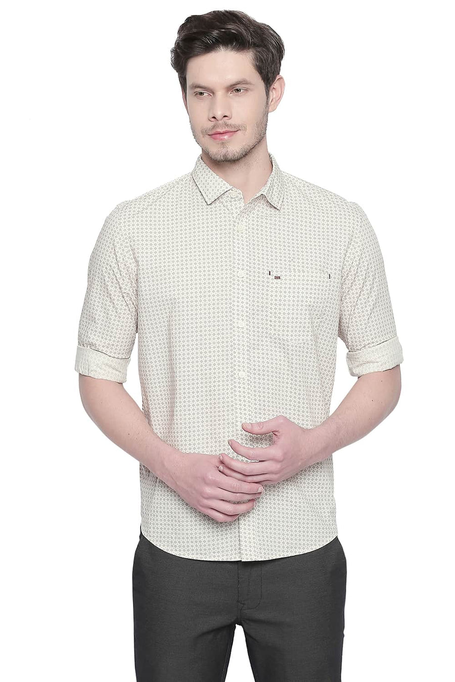 BASICS SLIM FIT RUTABAGA YELLOW PRINTED SHIRT