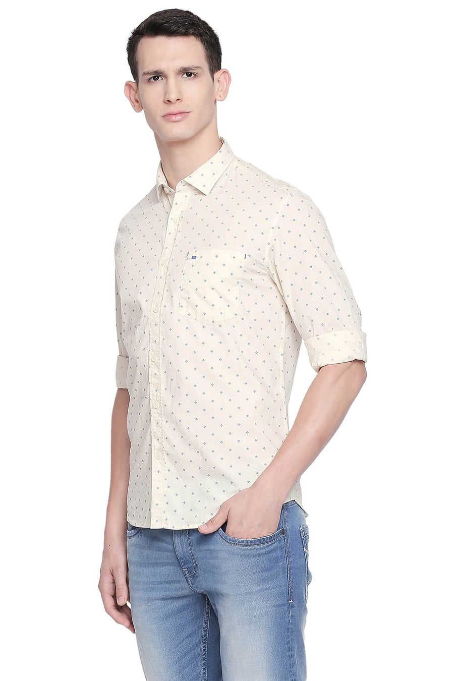 BASICS SLIM FIT ALMOND YELLOW PRINTED SHIRT