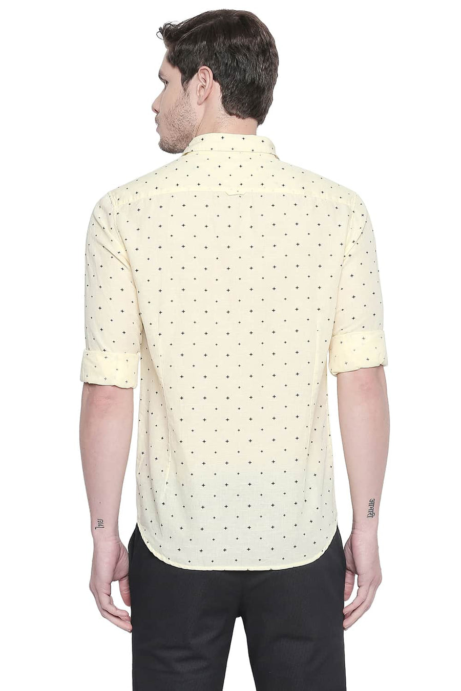 BASICS SLIM FIT MELLOW YELLOW COTTON LINEN PRINTED SHIRT