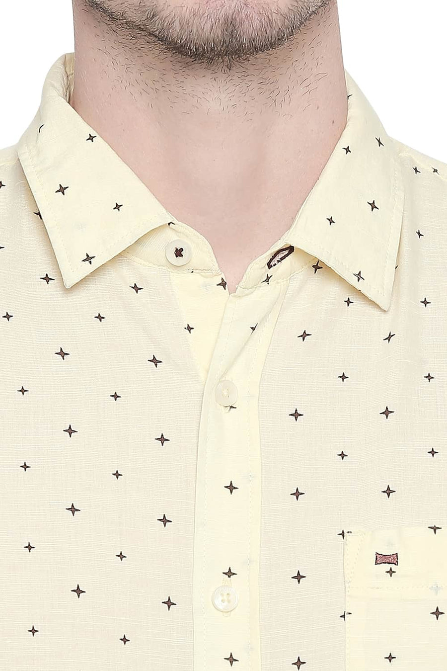 BASICS SLIM FIT MELLOW YELLOW COTTON LINEN PRINTED SHIRT