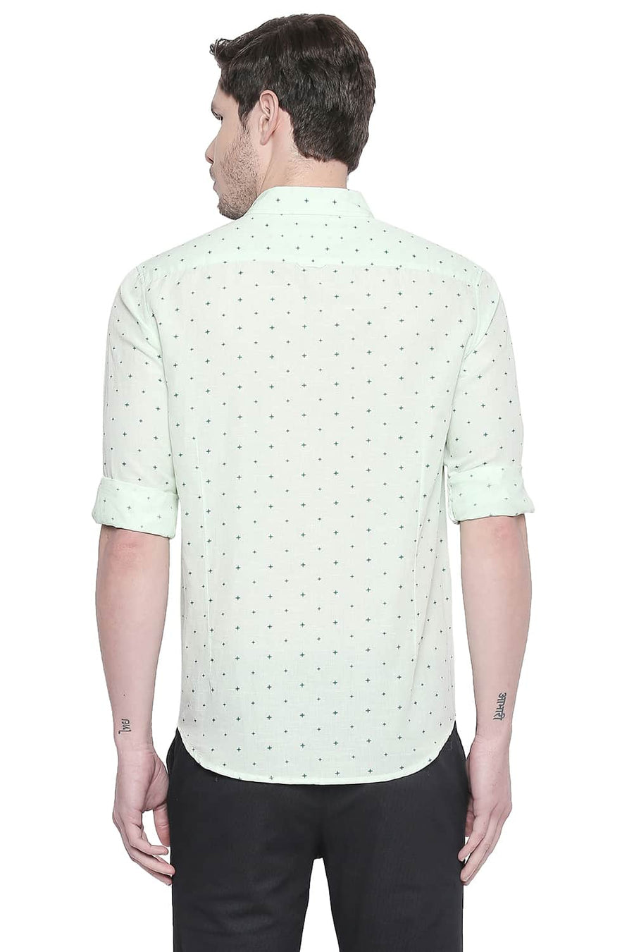 BASICS SLIM FIT PASTEL GREEN COTTON LINEN PRINTED SHIRT