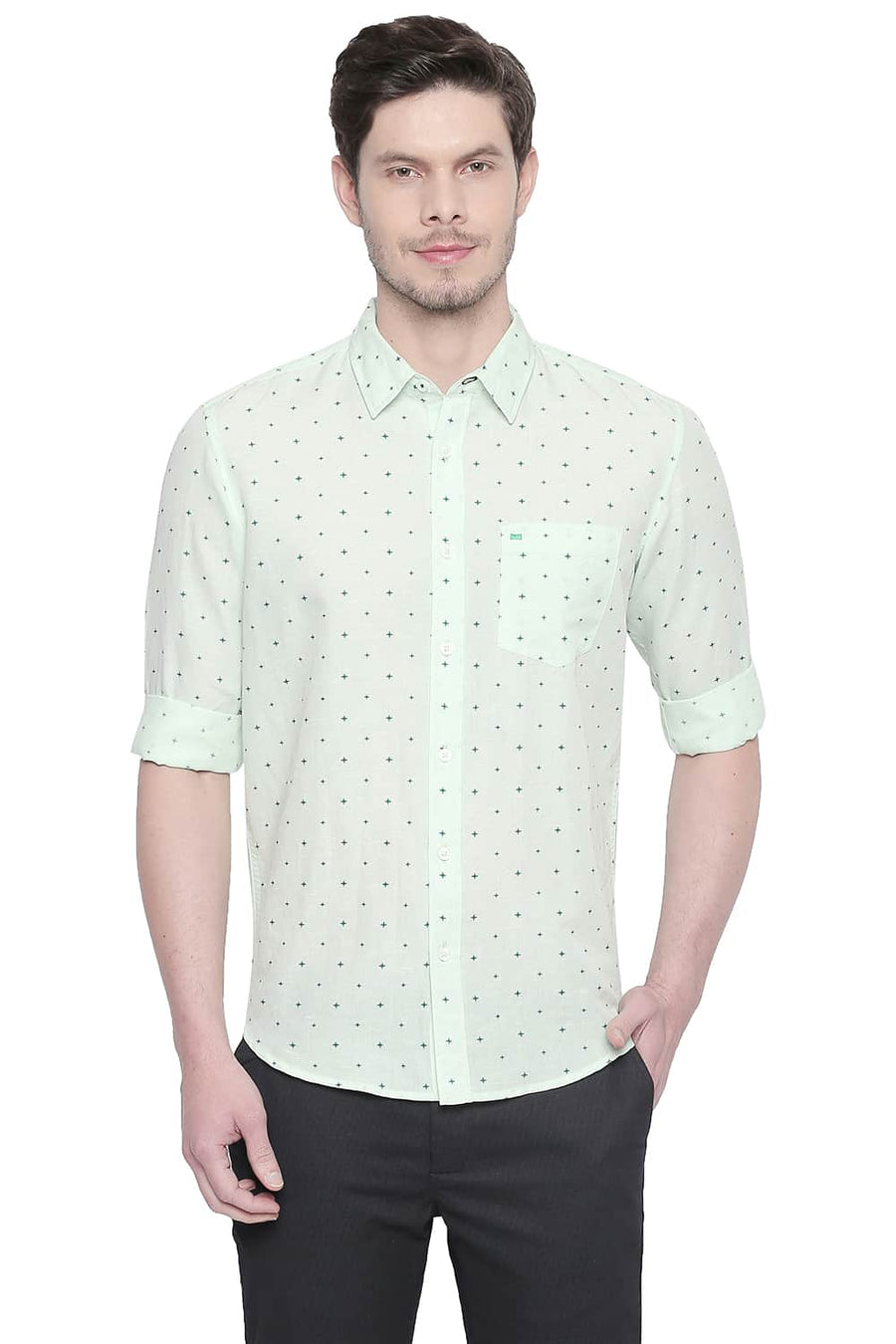 BASICS SLIM FIT PASTEL GREEN COTTON LINEN PRINTED SHIRT