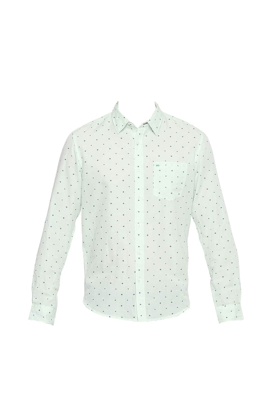 BASICS SLIM FIT PASTEL GREEN COTTON LINEN PRINTED SHIRT