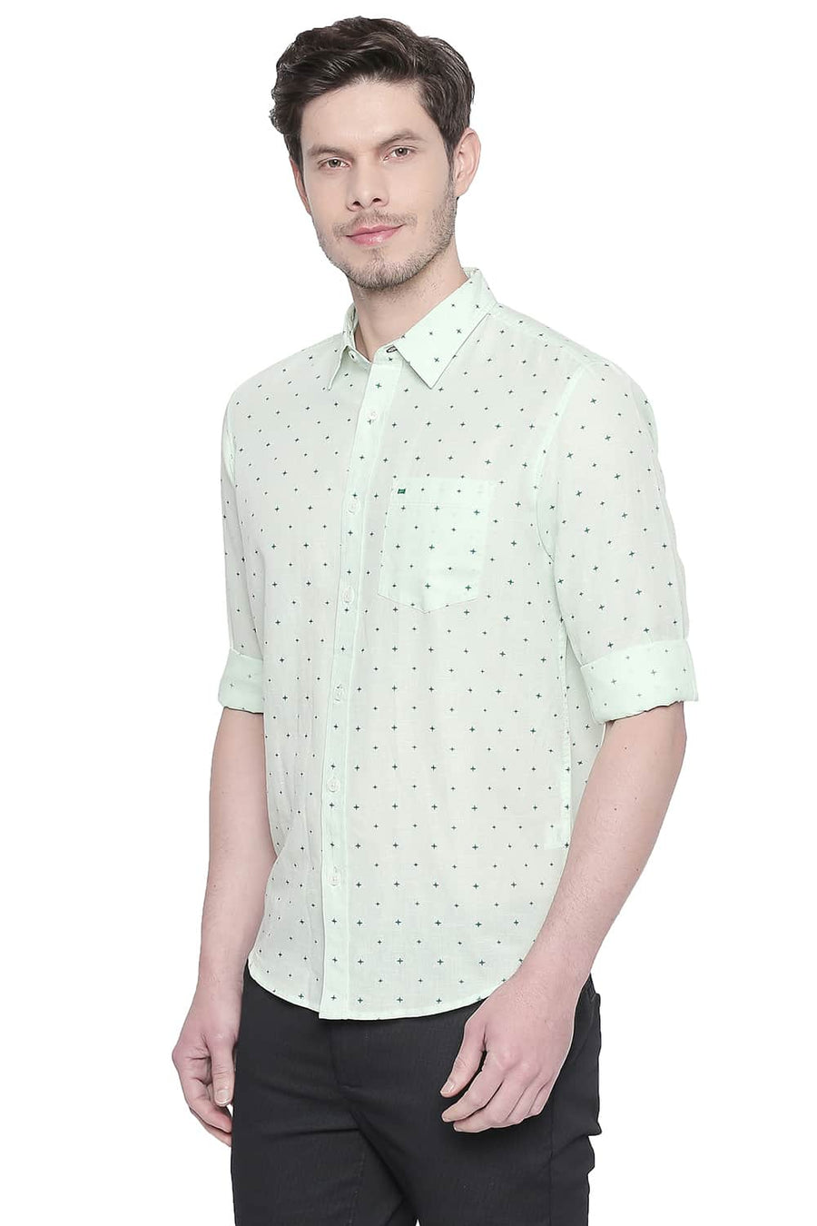 BASICS SLIM FIT PASTEL GREEN COTTON LINEN PRINTED SHIRT