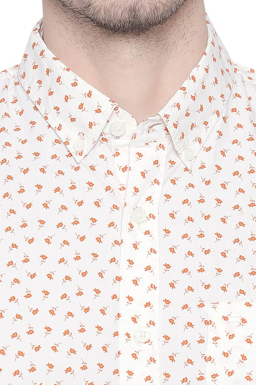 BASICS SLIM FIT CORAL ORANGE PRINTED SHIRT