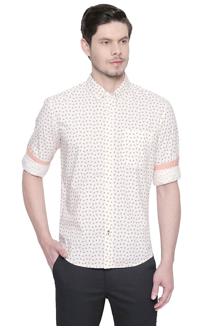 BASICS SLIM FIT CORAL ORANGE PRINTED SHIRT