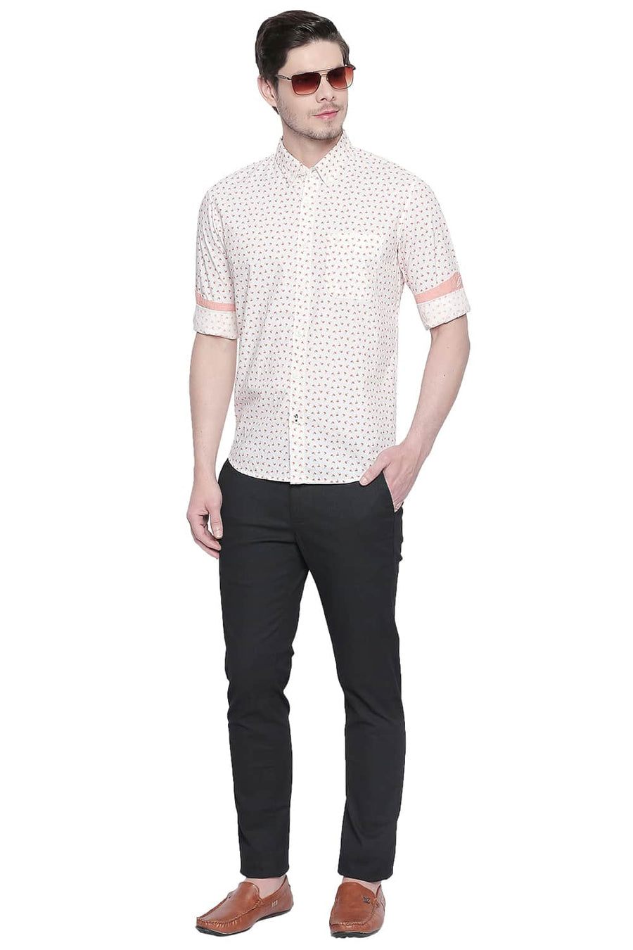 BASICS SLIM FIT CORAL ORANGE PRINTED SHIRT