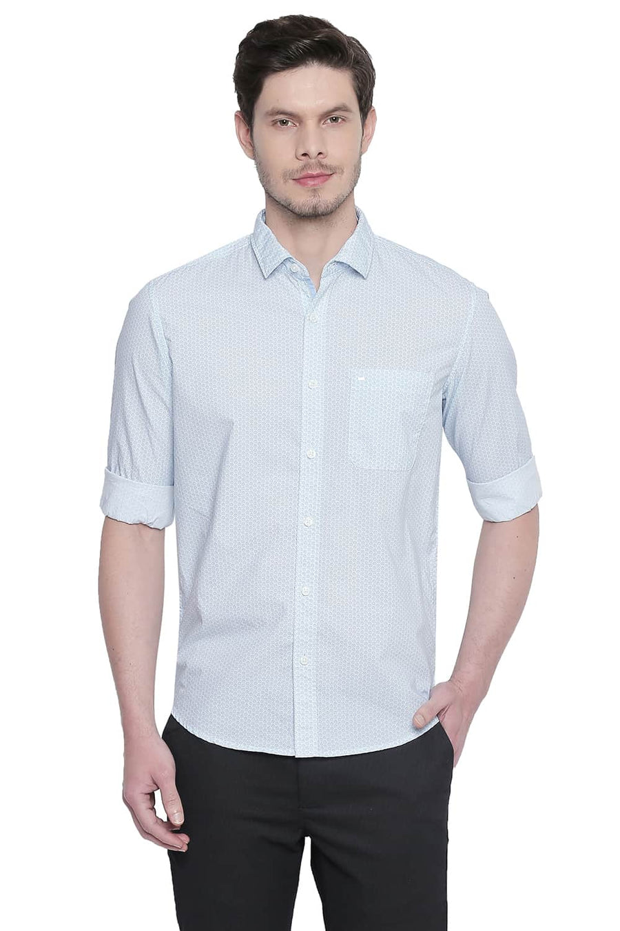 BASICS SLIM FIT CYAN BLUE PRINTED SHIRT