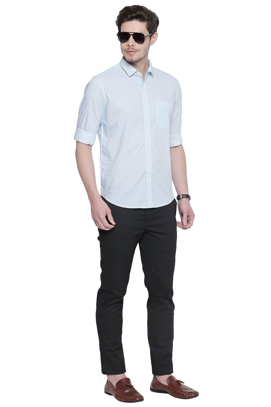 BASICS SLIM FIT CYAN BLUE PRINTED SHIRT