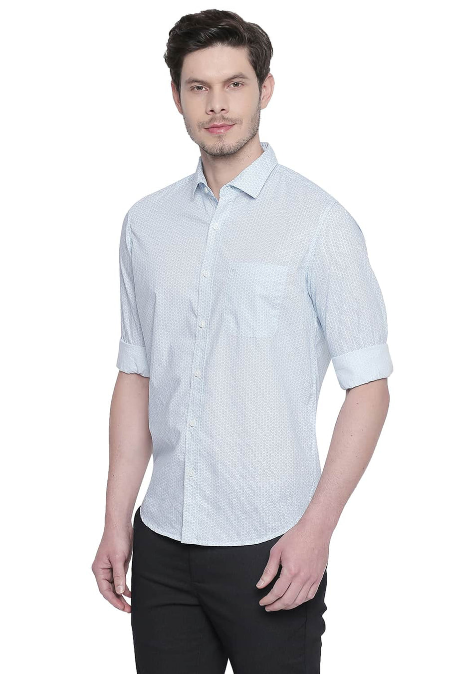 BASICS SLIM FIT CYAN BLUE PRINTED SHIRT