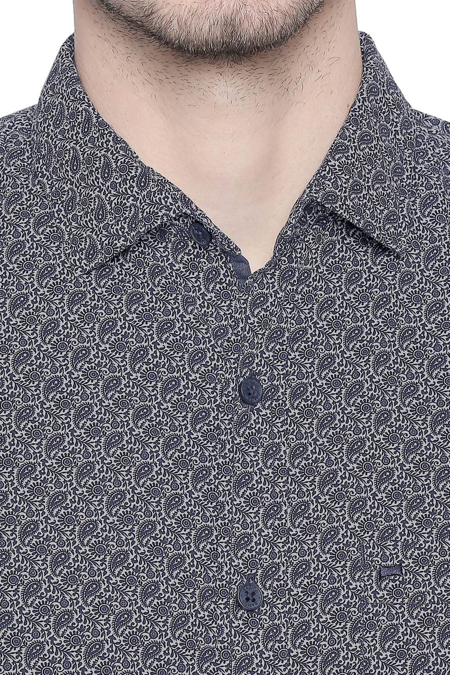 BASICS SLIM FIT DARK NAVY PRINTED SHIRT