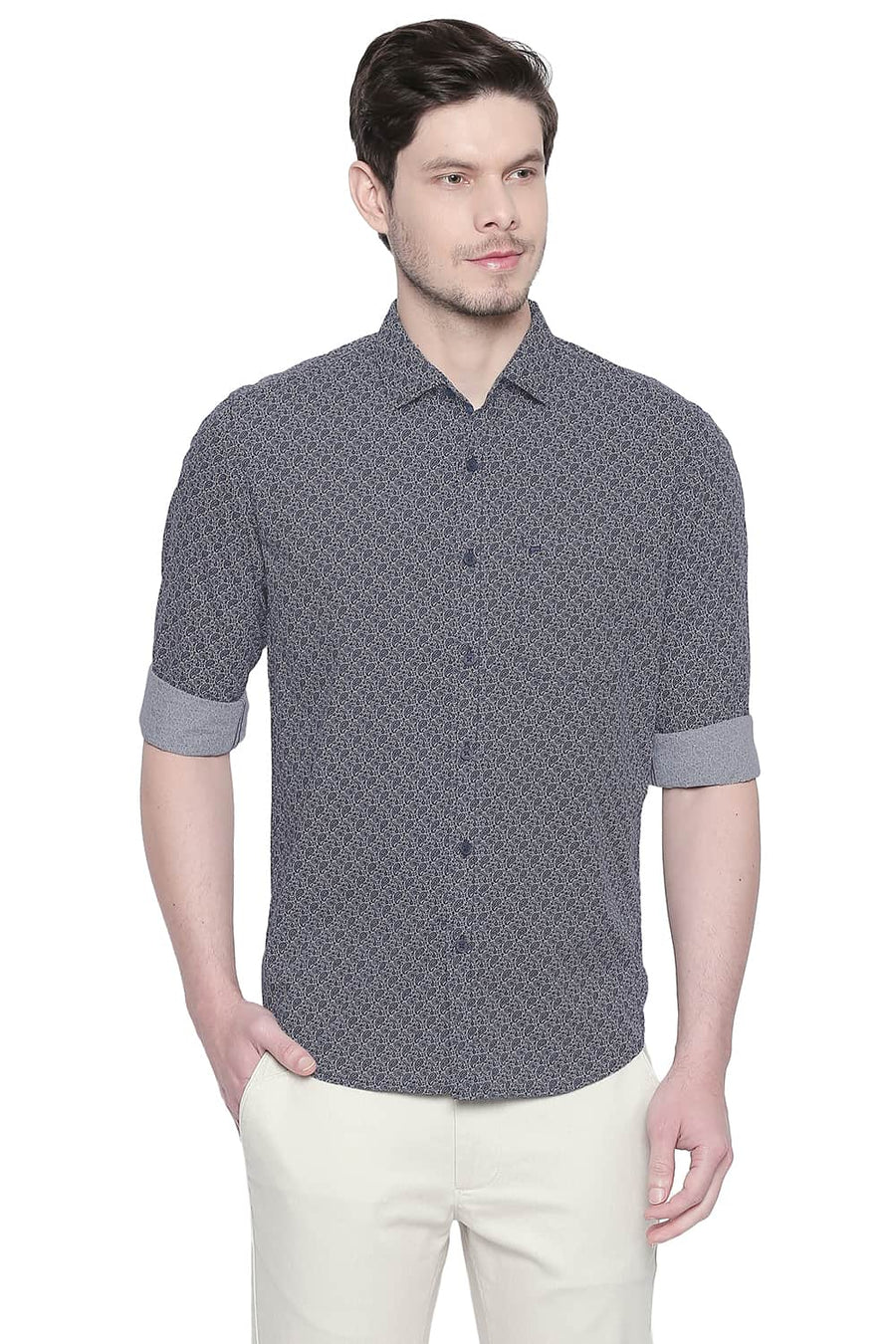 BASICS SLIM FIT DARK NAVY PRINTED SHIRT