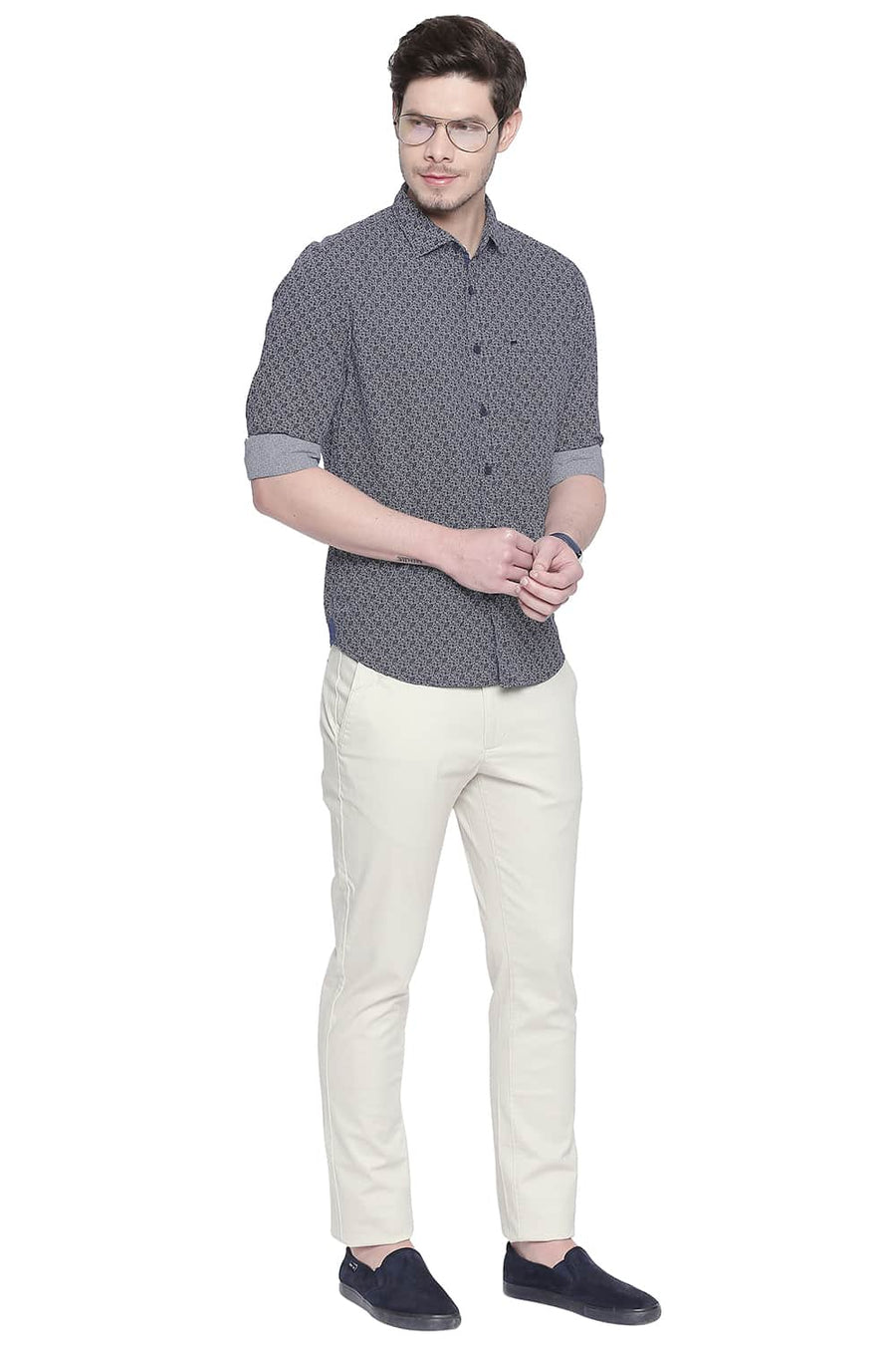 BASICS SLIM FIT DARK NAVY PRINTED SHIRT