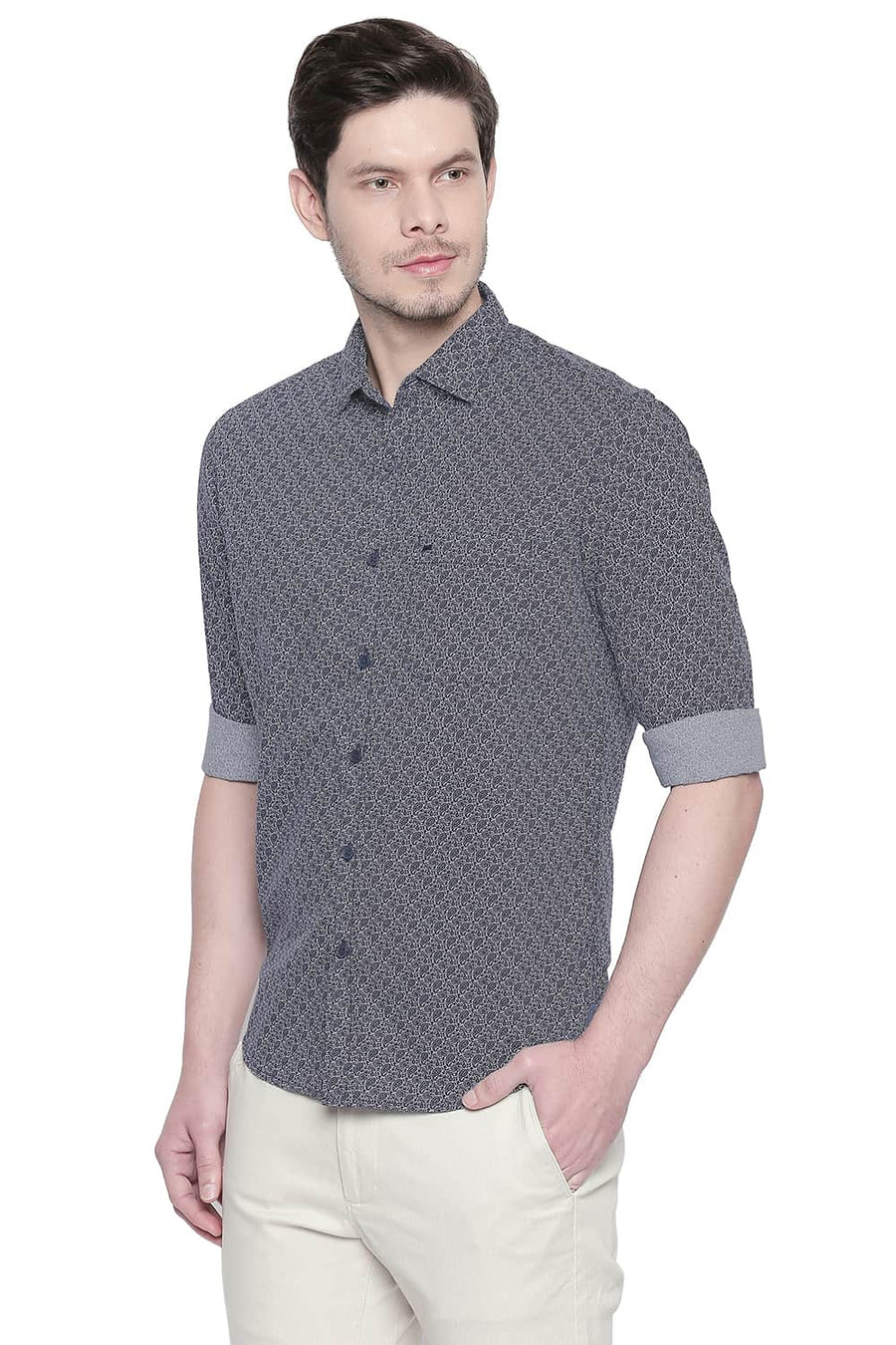 BASICS SLIM FIT DARK NAVY PRINTED SHIRT
