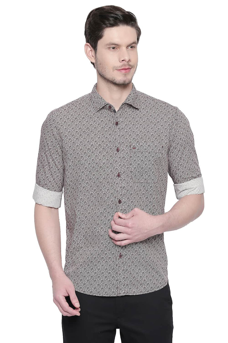 BASICS SLIM FIT RED MAHOGANY PRINTED SHIRT