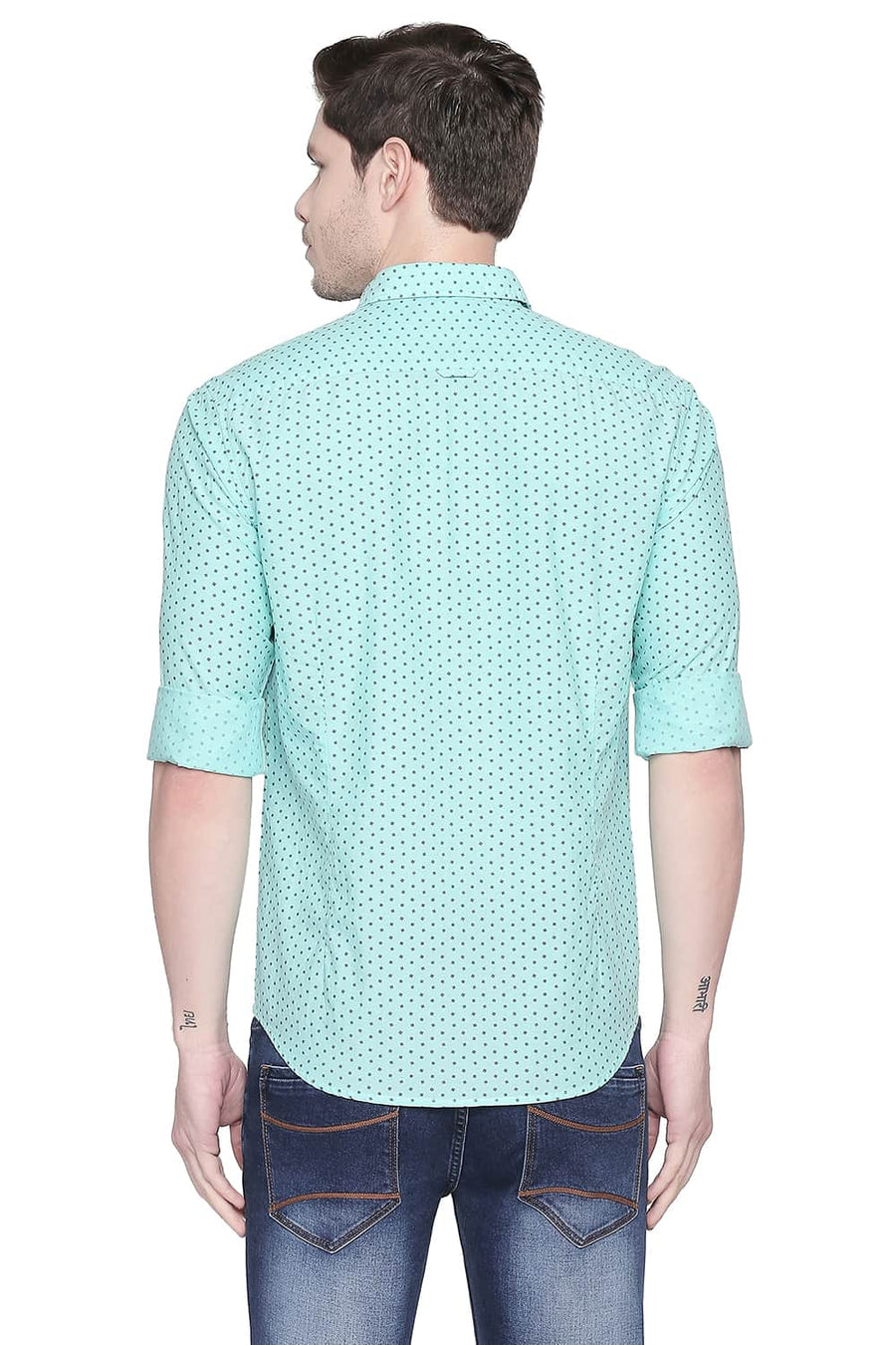 BASICS SLIM FIT COCKATOO GREEN CHAMBRAY PRINTED SHIRT