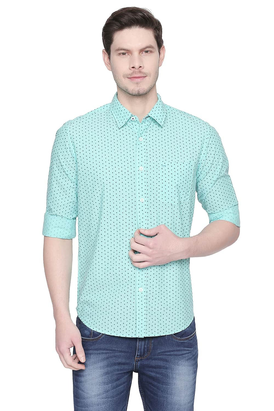 BASICS SLIM FIT COCKATOO GREEN CHAMBRAY PRINTED SHIRT