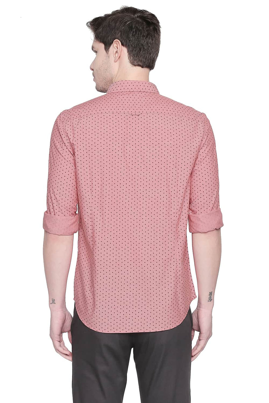 BASICS SLIM FIT CORAL ORANGE CHAMBRAY PRINTED SHIRT
