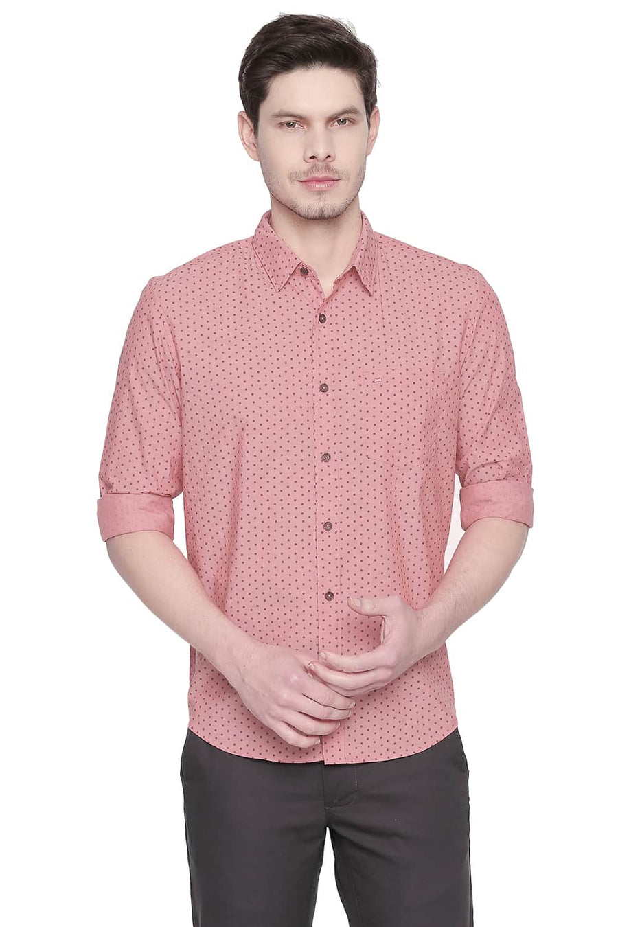 BASICS SLIM FIT CORAL ORANGE CHAMBRAY PRINTED SHIRT