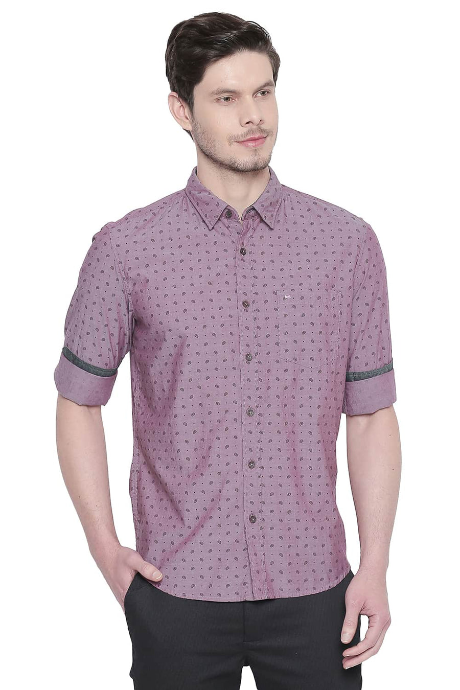 BASICS SLIM FIT RASPBERRY PINK CHAMBRAY PRINTED SHIRT