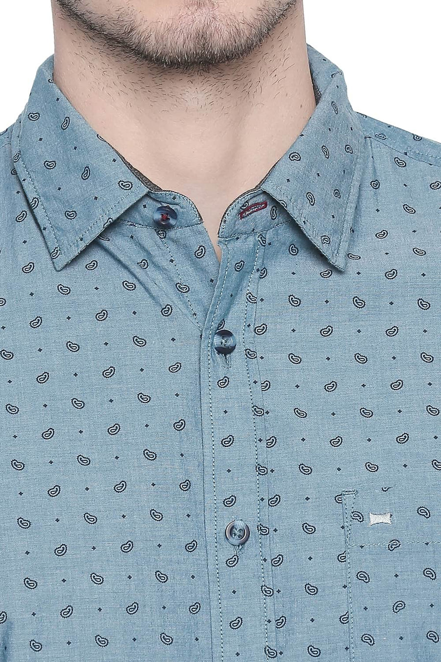 BASICS SLIM FIT LAKE GREEN CHAMBRAY PRINTED SHIRT